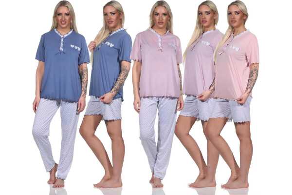 Damen 3 tlg. Pyjama Capri & lange Hose Shirt in kurzen Ärmeln;