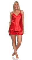 Damen Nachtwäsche Satin Pyjama Set Shorty mit Spitze; Rot/L