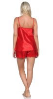 Damen Nachtwäsche Satin Pyjama Set Shorty mit Spitze; Rot/L