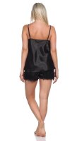 Damen Nachtwäsche Satin Pyjama Set Shorty mit Spitze; Schwarz/XL