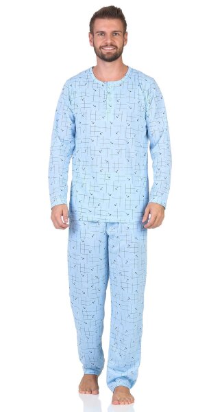 Herren Pyjama Shirt & Hose Schlaf-Anzug Nachthemd, Hellblau/2XL/54