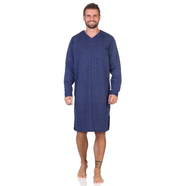Herren Nachthemd mit langen Ärmeln und V-Ausschnitt, Dunkelblau/M