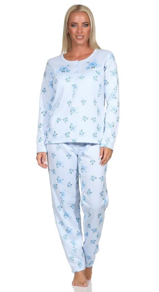 Damen Thermo Pyjama lang zweiteiliger Schlafanzug Hellblau/XL