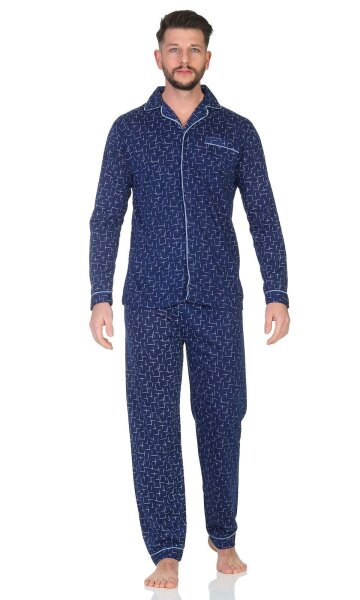 Herren Pyjama Set Hemd & Hose Schlaf-Anzug Nachthemd, Dunkelblau/XL/52