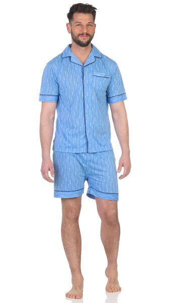 Herren Pyjama Short & Hemd Schlaf-Anzug; Blau/L