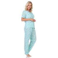 Damen Pyjama 2tlg. lange Hose Shirt in kurzen Ärmeln; Grün/XL/42