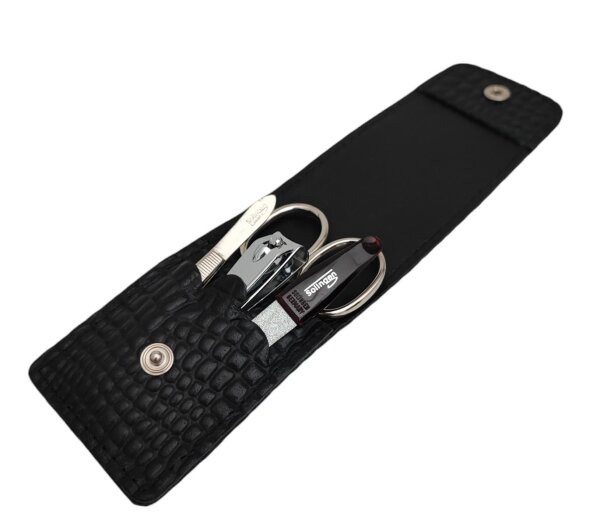 4-teiliges Solingen* Maniküre Set mit Leder COCCO Etui, Nagelschere, Feile, Pinzette, Made in Germany