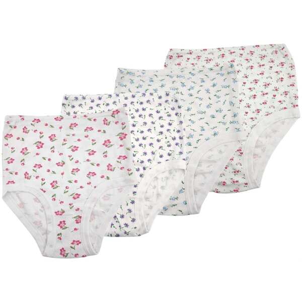 4x Damen Slips Unterhosen Unterwäsche Baumwolle, Weiß/Blumen/52/54