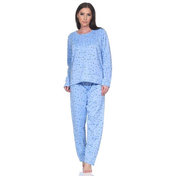 Damen Pyjama lang Thermo Winter Schlafanzug, Blau/L/40
