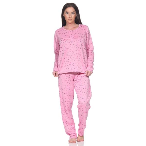 Damen Pyjama lang Thermo Winter Schlafanzug, Rosa/L/40