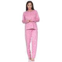 Damen Pyjama lang Thermo Winter Schlafanzug, Rosa/L/40