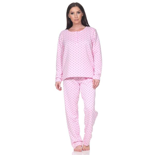 Damen Pyjama lang Thermo Winter Schlafanzug, Rosa/L/40