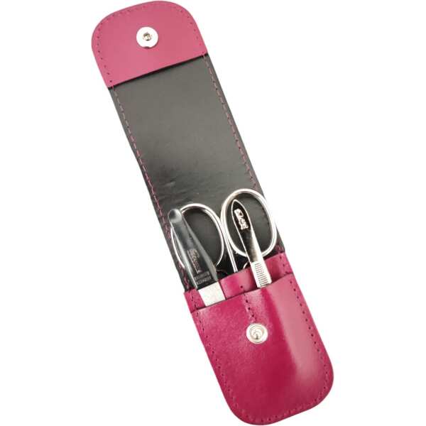 3-teiliges Solingen Maniküre Set mit Leder Etui, Nagelschere, Feile, Pinzette, Made in Germany Beere