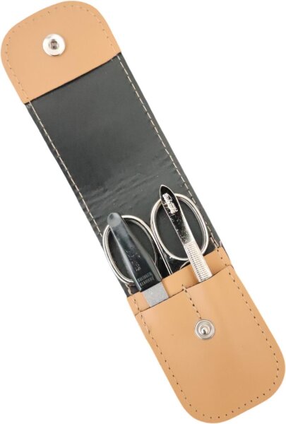 3-teiliges Solingen Maniküre Set mit Leder Etui, Nagelschere, Feile, Pinzette Beige