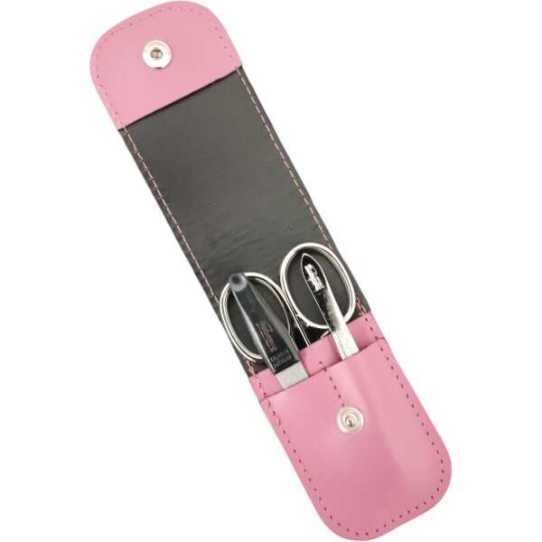 3-teiliges Solingen Maniküre Set mit Leder Etui, Nagelschere, Feile, Pinzette, Made in Germany Magenta