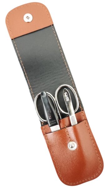3-teiliges Solingen Maniküre Set mit Leder Etui, Nagelschere, Feile, Pinzette Braun