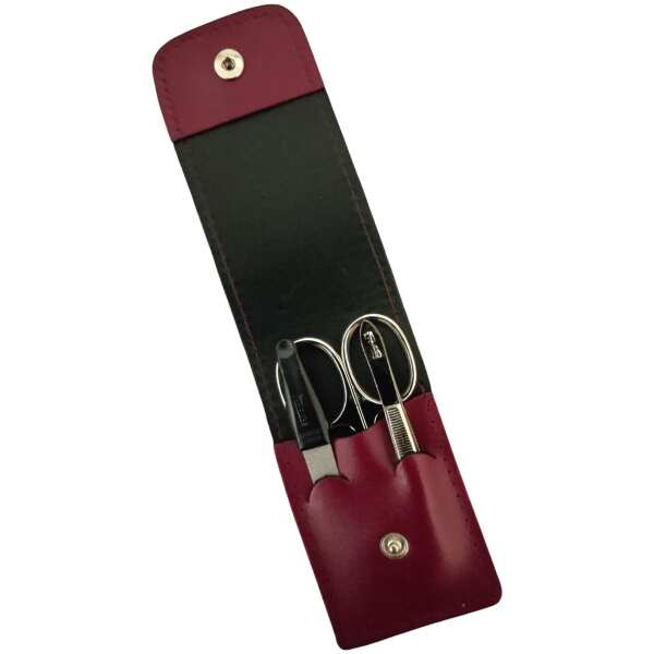Solingen* Maniküre Set im Lederetui – Made in Germany – Nagelschere, Saphirnagelfeile (grob/fein), Pinzette zur Nagelhautpflege – Echtes Leder Beere