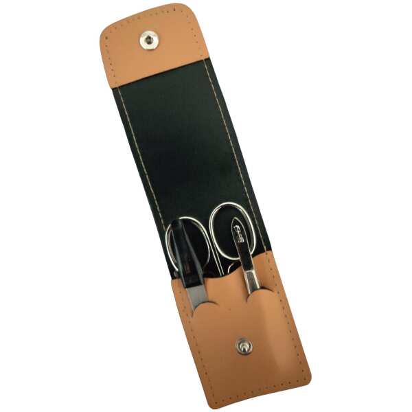 Solingen* Maniküre Set im Lederetui – Made in Germany – Nagelschere, Saphirnagelfeile (grob/fein), Pinzette zur Nagelhautpflege – Echtes Leder Beige