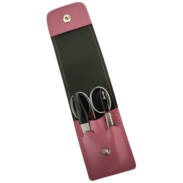 Solingen* Maniküre Set im Lederetui – Made in Germany – Nagelschere, Saphirnagelfeile (grob/fein), Pinzette zur Nagelhautpflege – Echtes Leder Magenta