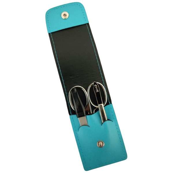 Solingen* Maniküre Set im Lederetui – Made in Germany – Nagelschere, Saphirnagelfeile (grob/fein), Pinzette zur Nagelhautpflege – Echtes Leder Türkis