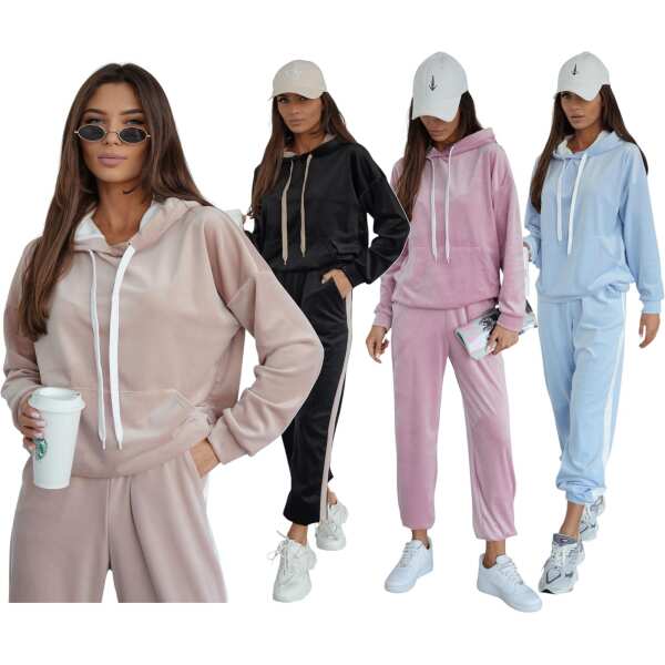 Damen Velours Set Hoodie Jogginghose Freizeitanzug Homewear Sportanzug Loungewear,