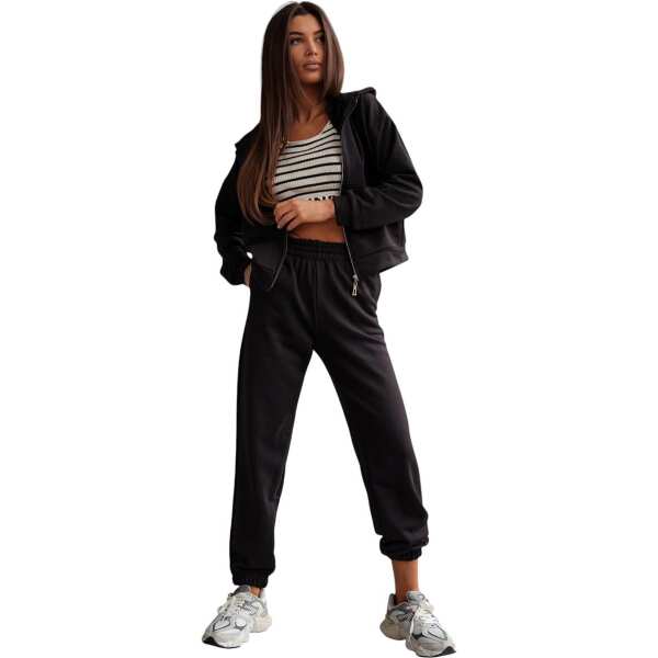 Damen Jogginganzug Freizeitanzug mit Kapuzenjacke, Schwarz/M/38