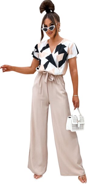 Damen Jumpsuit mit Wickeloberteil Overall luxuriöse Look Beige/L/40
