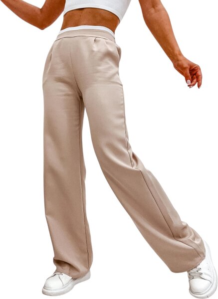 Damen High-Waist Stoffhose mit weitem Bein und Stretchbund Beige/XL/42