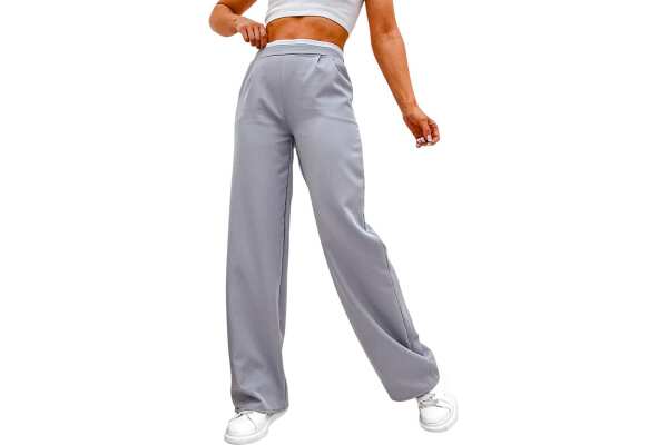 Damen High-Waist Stoffhose mit weitem Bein und Stretchbund Grau/XL/42