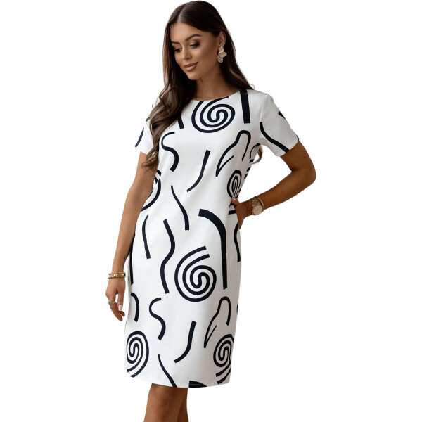 Damen Mittellanges Etui Kleid mit Geometrischem Print – Modern, Praktisch und Vielseitig Schwarz/3XL/46