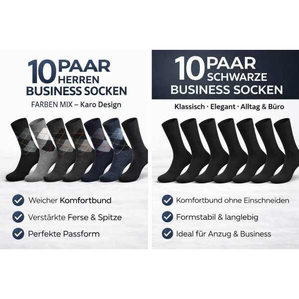 10 Paar Herren Business Socken – Komfortbund – 80% Baumwolle – Schwarz oder Karo Mix
