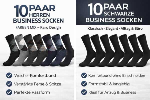 10 Paar Herren Business Socken – Komfortbund – 80% Baumwolle – Schwarz oder Karo Mix
