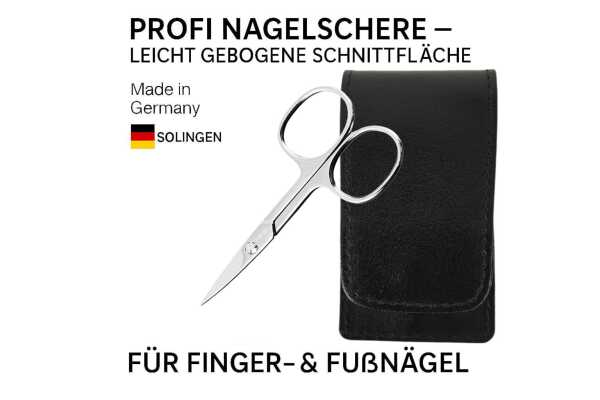 Solingen Nagelschere gehärteter Stahl Extra scharf mit gebogener Schneide Echt-Leder Etui