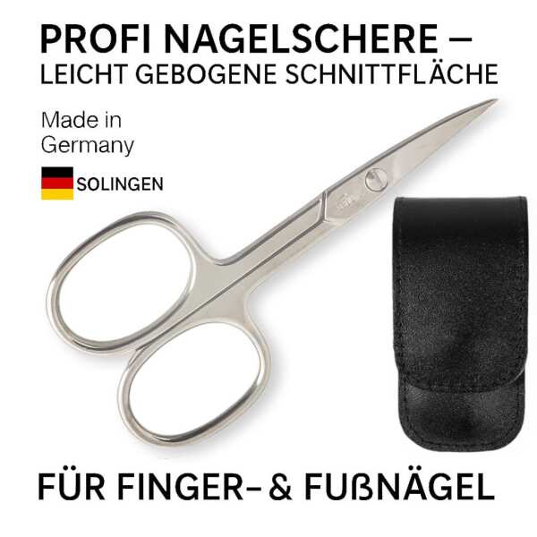 Solingen Nagelschere gehärteter Stahl Extra scharf mit gebogener Schneide Echt-Leder Etui