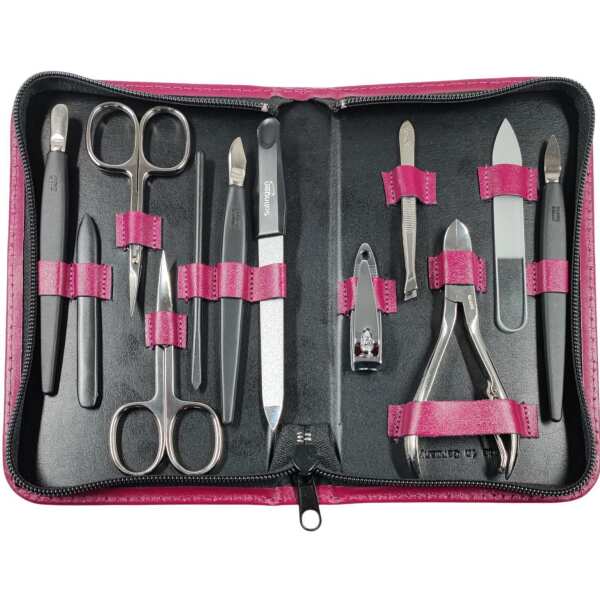 12teiliges Solingen* Maniküre Set mit Leder-Etui Nagelpflege, Made in Germany Magenta