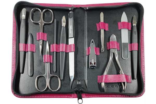 12teiliges Solingen* Maniküre Set mit Leder-Etui Nagelpflege,  Magenta