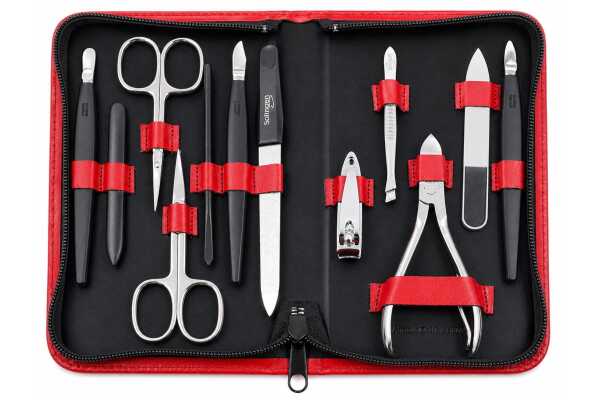 12teiliges Solingen* Maniküre Set mit Leder-Etui Nagelpflege, Made in Germany Rot Glatt