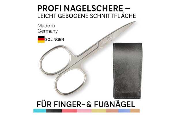 Solingen Nagelschere gehärteter Stahl Extra scharf mit gebogener Schneide Echt-Leder Etui