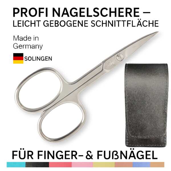 Solingen Nagelschere gehärteter Stahl Extra scharf mit gebogener Schneide Echt-Leder Etui