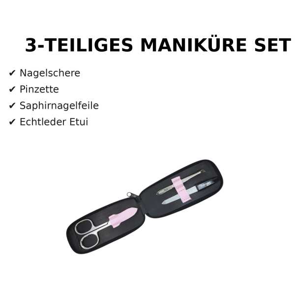 Maniküre-Etui mit Solingen Instrumenten – Nagelschere, Pinzette & Saphirfeile – Echtleder Dollaro Leder – Made in Germany