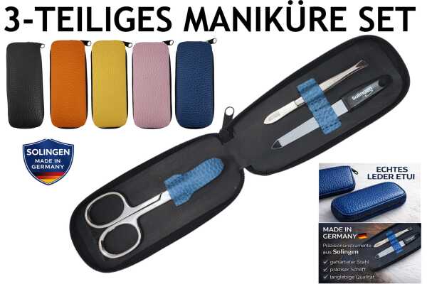 Maniküre-Etui mit Solingen Instrumenten – Nagelschere, Pinzette & Saphirfeile – Echtleder Dollaro Leder – Made in Germany