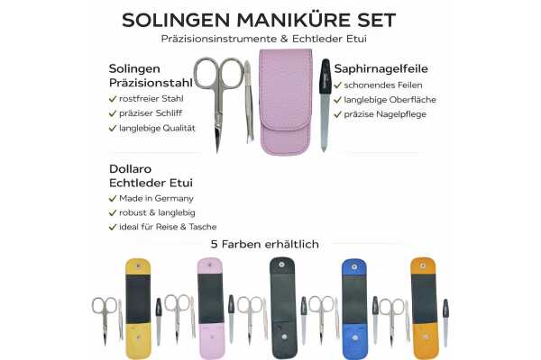 Solingen Maniküre Set 3-teilig – Nagelschere, Pinzette & Saphirfeile – Dollaro Echtleder Etui Made in Germany