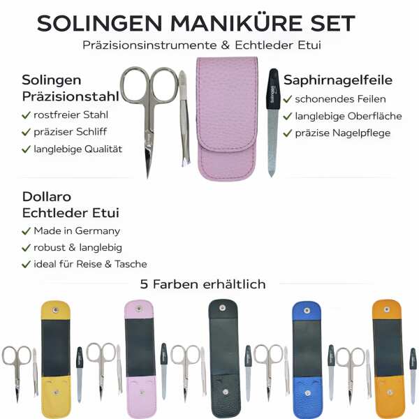 Solingen Maniküre Set 3-teilig – Nagelschere, Pinzette & Saphirfeile – Dollaro Echtleder Etui Made in Germany