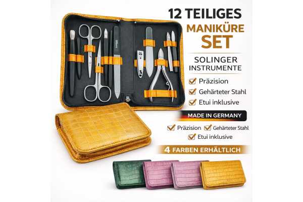 Maniküre Pediküre Set 12-teilig Solingen Qualität Made in Germany – Nagelpflege Set mit Etui Kunstleder Kroko