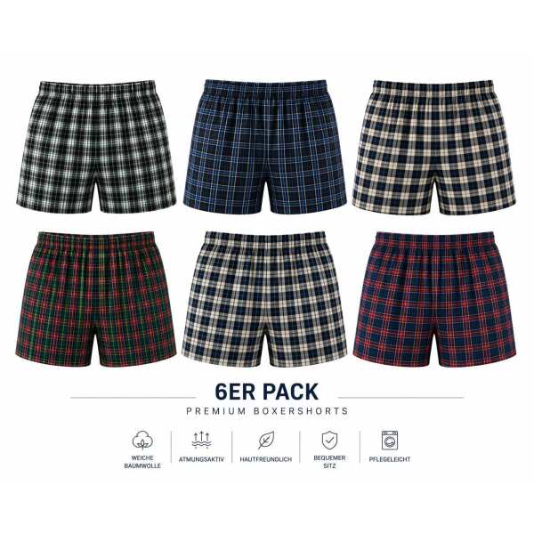 Herren Boxershorts 6er Pack 100% Baumwolle – elastischer Bund, Eingriff mit Knopf,