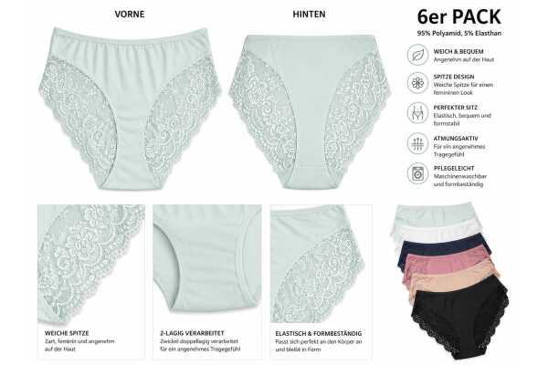Damen Slips 6er Pack mit Spitze, elastisch & bequem, 95% Polyamid