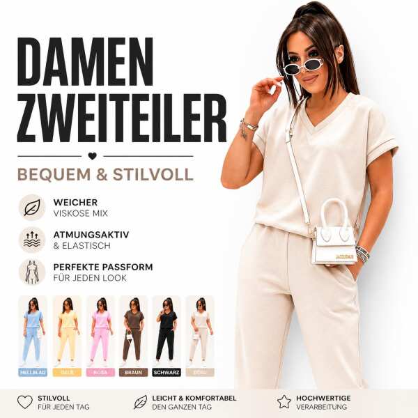 Damen Zweiteiler Set V-Ausschnitt – bequemes Freizeit Outfit, S/M L/XL