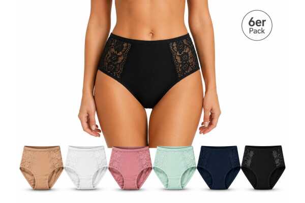 Damen Slips 6er Pack mit Spitze, elastisch & bequem, 95% Polyamid Mix6/3XL
