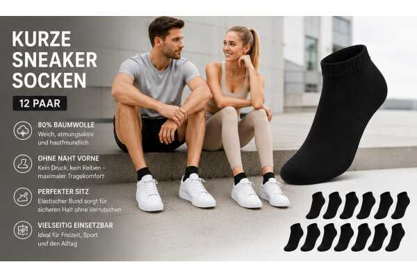 12 Paar Sneaker Socken Damen Herren Baumwolle ohne Naht