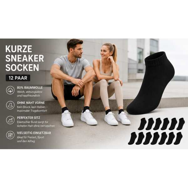 12 Paar Sneaker Socken Damen Herren Baumwolle ohne Naht